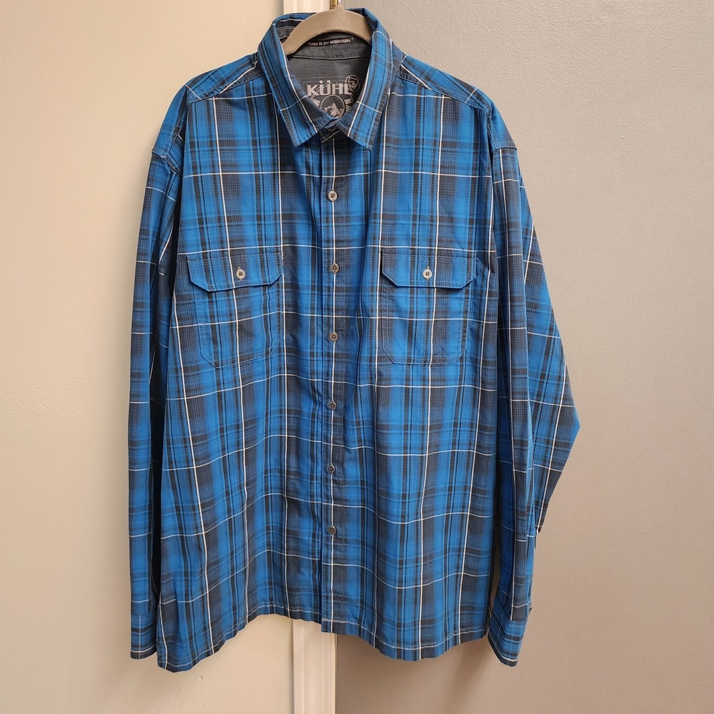 Kuhl Eluxur Mens XL Blue Plaid Performance Long Sleeve Button Down Shirt Hiking